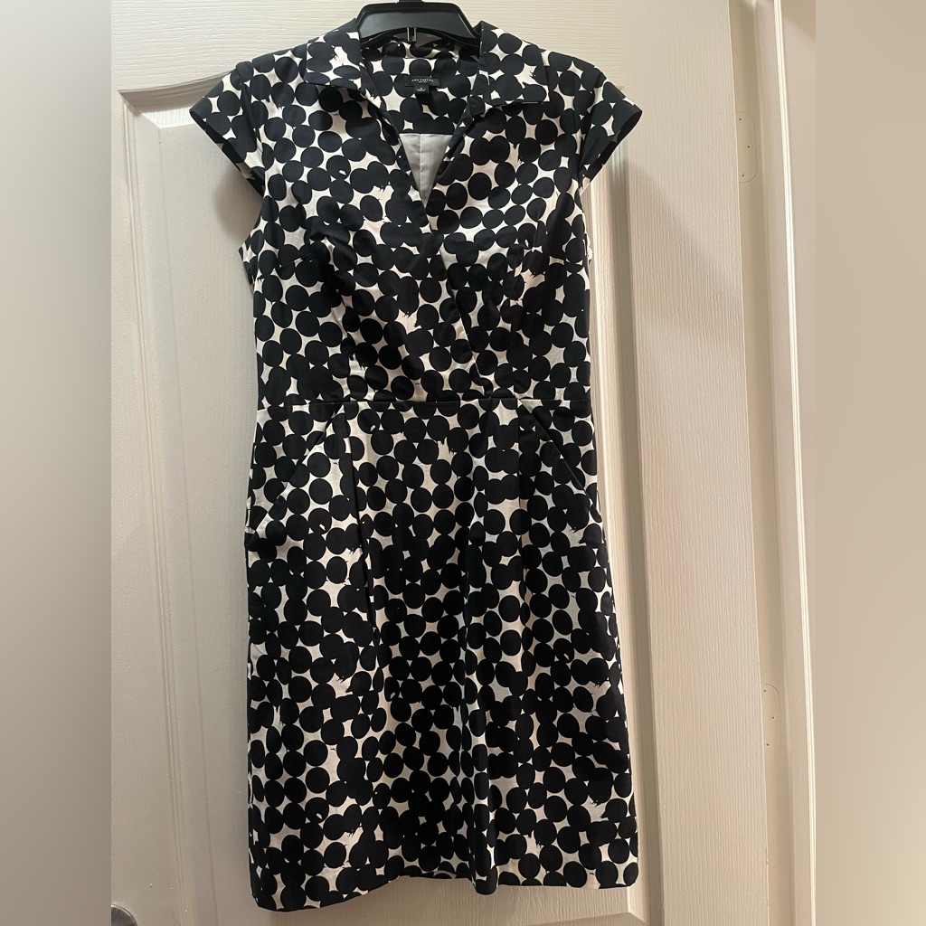 Ann Taylor Black & White Polka Dot Dress, Pockets, Collar, Side Zip, Sz 4